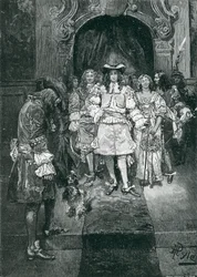 Quaker et roi à Whitehall, gravé par Frank French (1850-1933) illustration de 